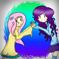Size: 1000x1000 | Tagged: safe, artist:jayivee, derpibooru import, fluttershy, rarity, human, humanized, looking at each other