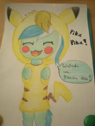 Size: 2448x3264 | Tagged: safe, artist:pinkespeon, derpibooru import, lyra heartstrings, pikachu, pony, :3, bipedal, clothes, costume, cute, cute little fangs, desu, eyes closed, fangs, japanese, open mouth, pokémon, smiling, wat