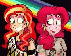 Size: 700x550 | Tagged: artist:technaro, derpibooru import, earbuds, human, humanized, makeup, michael jackson, pinkie pie, rainbow, safe, sharing headphones, smiling, sunset shimmer