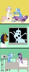 Size: 681x1700 | Tagged: safe, artist:deusexequus, derpibooru import, nurse redheart, trixie, twilight sparkle, twilight sparkle (alicorn), alicorn, pony, comic, defibrillator, electrocardiogram, female, inconvenient trixie, iv drip, mare, photobomb, photobombing trixie, x-ray, x-ray picture