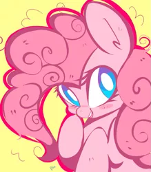 Size: 695x793 | Tagged: dead source, safe, artist:aquadiamonds, derpibooru import, pinkie pie, pony, blushing, cute, diapinkes, open mouth, simple background, smiling, solo, white pupils, yellow background