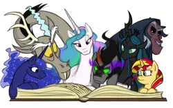 Size: 1024x638 | Tagged: safe, artist:dubsteppegasister, artist:mickeymonster, derpibooru import, discord, king sombra, lord tirek, princess celestia, princess luna, queen chrysalis, sunset shimmer, pony, antagonist, book, missing accessory, reading