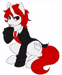 Size: 1066x1280 | Tagged: safe, artist:napalm, derpibooru import, oc, oc:lady vita, unofficial characters only, pony, unicorn, vampire, vampony, blood, clothes, female, licking, mare, solo, suit, tuxedo