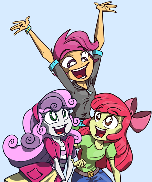 Size: 916x1100 | Tagged: safe, artist:lunchie, artist:varemia, derpibooru import, apple bloom, scootaloo, sweetie belle, equestria girls, rainbow rocks, cheering, colored, cutie mark crusaders, open mouth, smiling, trace