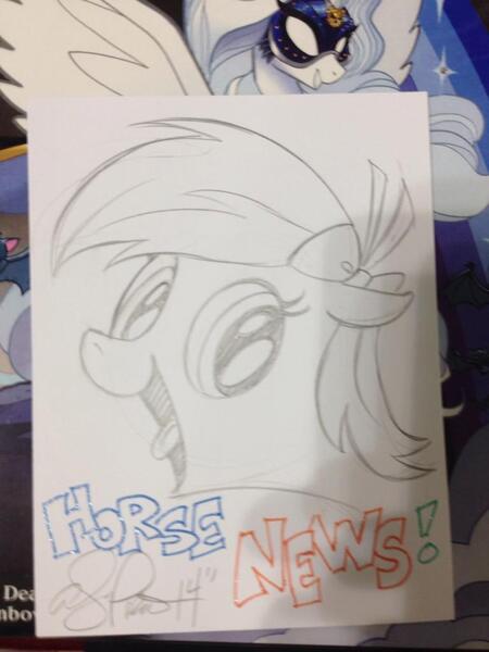 Size: 768x1024 | Tagged: safe, artist:andypriceart, derpibooru import, oc, oc:newsie, unofficial characters only, bow, horse news, open mouth, smiling, solo, tongue out, traditional art