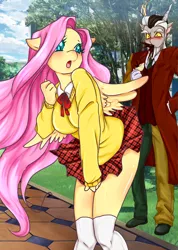 Size: 602x844 | Tagged: suggestive, artist:kyotoxart, derpibooru import, discord, fluttershy, anthro, blushing, breasts, busty fluttershy, clothes, coffee, coffee mug, discoshy, embarrassed, embarrassed underwear exposure, female, fetish, male, oh my, school uniform, school uniform fetish, schoolgirl, shipping, skirt, skirt flip, skirt lift, spewing, straight, underwear, wind