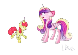 Size: 8185x5787 | Tagged: absurd resolution, accessory swap, apple bloom, artist:himitsuartmlp, bow, confused, crown, derpibooru import, duo, excited, fake cutie mark, happy, princess cadance, safe, simple background, surprised, transparent background