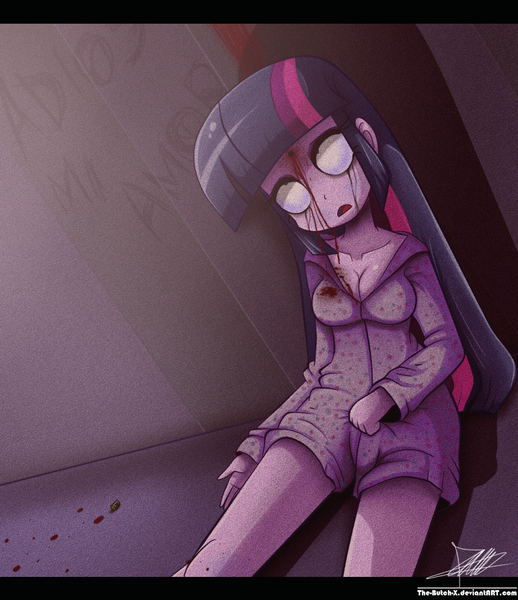 Size: 897x1039 | Tagged: grimdark, artist:the-butch-x, derpibooru import, twilight sparkle, equestria girls, bad end, blood, breasts, bullet, cleavage, clothes, crying, cute, dead, death, female, gore, head shot, humanized, inspiration, murder, pajamas, sexy, shot, spanish, tragedy, tragic