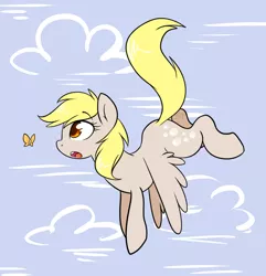 Size: 832x862 | Tagged: safe, artist:saber-panda, derpibooru import, derpy hooves, butterfly, pegasus, pony, cute, female, flying, mare, solo