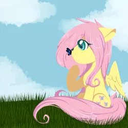 Size: 1000x1000 | Tagged: safe, artist:chibimlp-lover, derpibooru import, fluttershy, butterfly, pegasus, pony, butterfly on nose, chest fluff, cloud, cute, female, insect on nose, mare, profile, shyabetes, solo