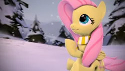 Size: 3840x2160 | Tagged: 3d, artist:psfmer, clothes, derpibooru import, fluttershy, safe, scarf, snow, snowfall, solo, source filmmaker