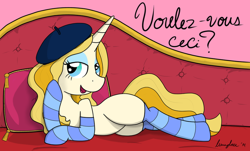 Size: 900x546 | Tagged: artist:lumenglace, ask stella lux, bedroom eyes, beret, clothes, derpibooru import, draw me like one of your french girls, oc, oc:stella lux, socks, solo, speech, striped socks, suggestive, unofficial characters only