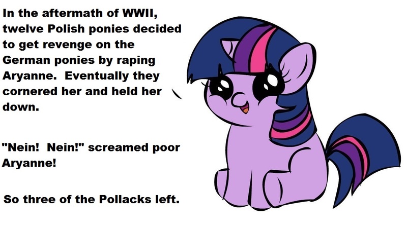 Size: 1194x668 | Tagged: derpibooru import, exploitable meme, filly twilight sparkle, filly twilight telling an offensive joke, grimdark, meme, nazi, nein, obligatory pony, oc, oc:aryanne, questionable, rape, solo, twilight sparkle, vulgar