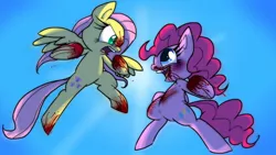 Size: 1136x640 | Tagged: artist:vdru7, blood, derpibooru import, fight, fluttershy, pinkie pie, pixiv, semi-grimdark, smile hd