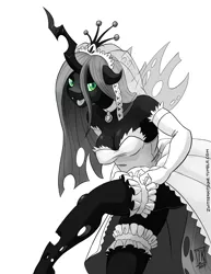Size: 695x900 | Tagged: suggestive, artist:zwitterkitsune, derpibooru import, queen chrysalis, anthro, breasts, bride, clothes, collar, dress, female, garters, image, monochrome, neo noir, open mouth, partial color, png, simple background, solo, wedding dress, white background