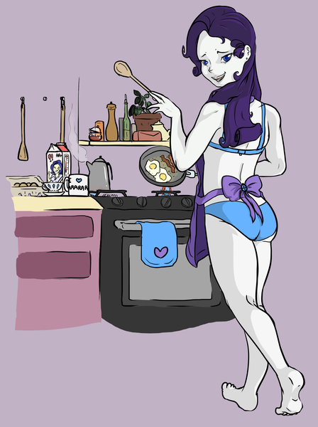 Size: 1226x1642 | Tagged: artist needed, dead source, suggestive, derpibooru import, rarity, oc, oc:milky way, equestria girls, apron, bacon, barefoot, bra, breakfast, clothes, cooking, drawfriend, ear piercing, feet, female, housewife, humanized, kitchen, looking back, naked apron, panties, piercing, pony coloring, rarara, smiling, solo, solo female, spoon, underwear