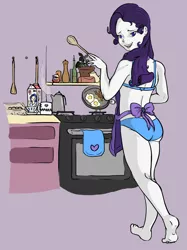 Size: 1226x1642 | Tagged: artist needed, dead source, suggestive, derpibooru import, rarity, oc, oc:milky way, equestria girls, apron, bacon, barefoot, bra, breakfast, clothes, cooking, drawfriend, ear piercing, feet, female, housewife, humanized, kitchen, looking back, naked apron, panties, piercing, pony coloring, rarara, smiling, solo, solo female, spoon, underwear