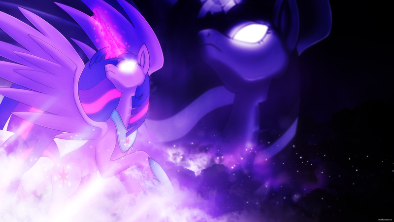 Size: 3840x2160 | Tagged: safe, artist:romus91, artist:stalkerpony, derpibooru import, twilight sparkle, twilight sparkle (alicorn), alicorn, pony, female, glowing eyes, glowing horn, magic, mare, solo, space, vector, wallpaper, zoom layer