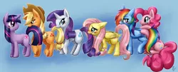 Size: 1600x648 | Tagged: safe, artist:mahoxyshoujo, derpibooru import, applejack, fluttershy, pinkie pie, rainbow dash, rarity, twilight sparkle, earth pony, pegasus, pony, unicorn, blushing, female, flarity, flutterdash, freckles, hat, lesbian, looking back, mane six, mare, mouth hold, nom, pinkiedash, pony trail, rarijack, shipping, shy, smiling, tail bite, twijack