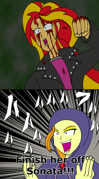 Size: 885x1590 | Tagged: grimdark, artist:combatkaiser, derpibooru import, adagio dazzle, sunset shimmer, equestria girls, rainbow rocks, adaptation, battle tendency, caesar zeppeli, crossover, jojo's bizarre adventure, kars, laughing mad