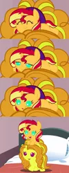 Size: 1120x2800 | Tagged: safe, artist:beavernator, derpibooru import, adagio dazzle, sunset shimmer, pony, unicorn, equestria girls, rainbow rocks, :o, adoragio, all glory to the beaver grenadier, baby, baby pony, beavernator is trying to murder us, bed, c:, cute, eyes closed, filly, foal, frown, hammerspace hair, lidded eyes, looking down, open mouth, ponies riding ponies, pony hat, prone, shimmerbetes, size difference, smiling, snuggling, waking up, weapons-grade cute, wide eyes