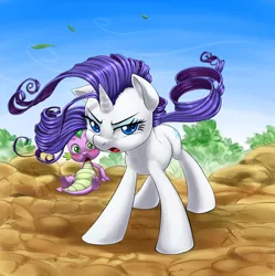 Size: 900x904 | Tagged: safe, artist:pia-sama, derpibooru import, rarity, spike, angry, badass, blushing, determined, female, male, protecting, shipping, sparity, straight, wind, windswept mane