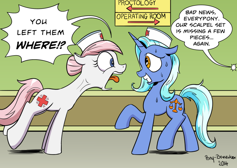 Size: 1024x724 | Tagged: safe, artist:pony-berserker, derpibooru import, nurse redheart, oc, oc:cobalt, pony, dialogue, eye contact, floppy ears, grin, hospital, looking at each other, nervous, open mouth, raised hoof, raised leg, scalpel, shocked, smiling, speech bubble, sweat, wide eyes, yelling