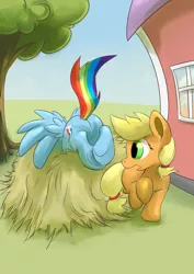 Size: 2170x3059 | Tagged: applejack, artist:bluestreakfus, derpibooru import, featureless crotch, hay, high res, newbie artist training grounds, plot, rainbow crash, rainbow dash, safe, tree, underhoof