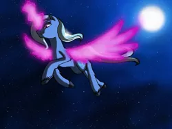 Size: 1024x768 | Tagged: safe, artist:sessomesmaru, derpibooru import, trixie, pony, unicorn, artificial wings, augmented, female, flying, grin, looking at you, looking down, magic, magic wings, mare, moon, night, sky, smiling, smirk, solo, space, unshorn fetlocks, wings