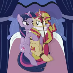 Size: 1024x1019 | Tagged: safe, artist:radiantrealm, derpibooru import, sunset shimmer, twilight sparkle, twilight sparkle (alicorn), alicorn, pony, unicorn, equestria girls, bed, big crown thingy, bondage, box tied, cloth gag, crown, femsub, gag, rope, show accurate, submissive, subset, twidom