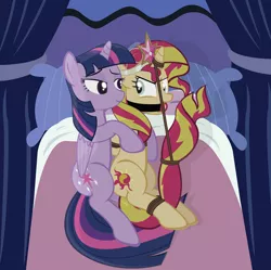 Size: 1024x1019 | Tagged: suggestive, artist:radiantrealm, derpibooru import, sunset shimmer, twilight sparkle, twilight sparkle (alicorn), alicorn, pony, unicorn, equestria girls, ballgag, bed, big crown thingy, bondage, box tied, crown, femsub, gag, rope, show accurate, show accurate porn, submissive, subset, twidom