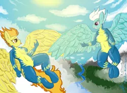 Size: 2200x1600 | Tagged: anthro, artist:magical disaster, big breasts, breasts, cloud, cloudy, contest entry, derpibooru import, female, fleetfire, fleetfoot, lesbian, spandex, spitfire, suggestive, unguligrade anthro, wonderbolts, wonderbolts uniform