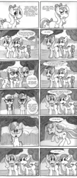 Size: 835x1920 | Tagged: safe, derpibooru import, diamond tiara, silver spoon, oc, oc:moxie, oc:stella lux, blank flank, comeback, comic, filly, hilarious in hindsight, monochrome, sketch, surprised, tail bow, teasing, transgender