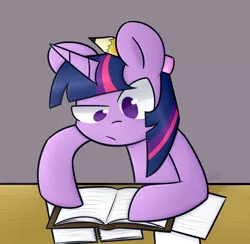 Size: 1024x1000 | Tagged: safe, artist:flutternutpie, derpibooru import, twilight sparkle, pony, unicorn, book, female, mare, no pupils, paper, pencil, simple background, solo, studying