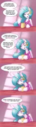 Size: 1280x4436 | Tagged: safe, artist:romanrazor, derpibooru import, princess celestia, alicorn, pony, good morning celestia, bags under eyes, bathrobe, blue-mane celestia, bluetia, clothes, coffee mug, female, mare, mug, robe, sad, solo, tired, tumblr