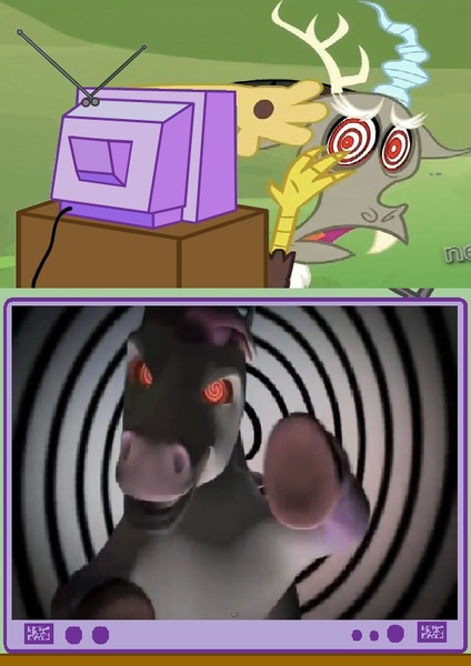 Size: 562x795 | Tagged: cgi, derpibooru import, discord, exploitable meme, hypnosis, hypnotized, meme, nissan, obligatory pony, poneis malditos, safe, tv meme