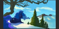 Size: 1280x646 | Tagged: safe, artist:verrmont, derpibooru import, princess luna, alicorn, pony, lunadoodle, mountain, painting, prone, scenery, snow, solo