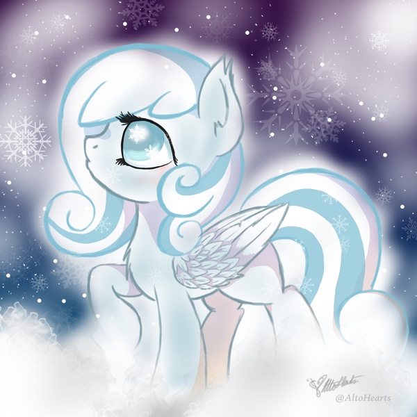 Size: 2025x2025 | Tagged: safe, artist:altohearts, derpibooru import, oc, oc:snowdrop, unofficial characters only, pegasus, pony, female, filly, raised hoof, snow, snowflake, solo