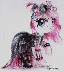 Size: 1024x1156 | Tagged: artist:moonlight-ki, boots, clothes, dress, eyeshadow, goth, gothic, makeup, pinkamena diane pie, pinkie pie, raised hoof, safe, sketch, smiling, solo, spiked wristband