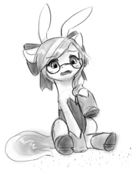 Size: 562x719 | Tagged: safe, artist:alloyrabbit, derpibooru import, oc, oc:sequoia, unofficial characters only, pony, blushing, boots, bunny ears, clothes, giant pony, giant/macro earth pony, glasses, hair bow, macro, monochrome, open mouth, raised hoof, sitting, solo