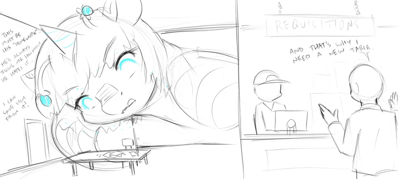 Size: 1500x677 | Tagged: safe, artist:alloyrabbit, derpibooru import, oc, oc:orchid, unofficial characters only, human, kaiju, kaiju pony, pony, comic, desk, giant pony, macro, sketch, tongue out