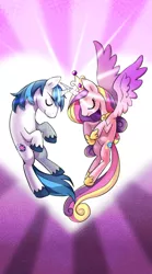 Size: 300x540 | Tagged: safe, artist:kairean, derpibooru import, princess cadance, shining armor, alicorn, pony, unicorn, eyes closed, female, heart, love, magic, major arcana, male, mare, scene interpretation, shiningcadance, shipping, stallion, straight, tarot card, the lovers