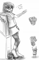 Size: 792x1209 | Tagged: safe, artist:alloyrabbit, derpibooru import, vinyl scratch, robot, equestria girls, building, car, clothes, destruction, feet, foot fetish, giantess, macro, monochrome, shoes, sneakers, sneakers fetish