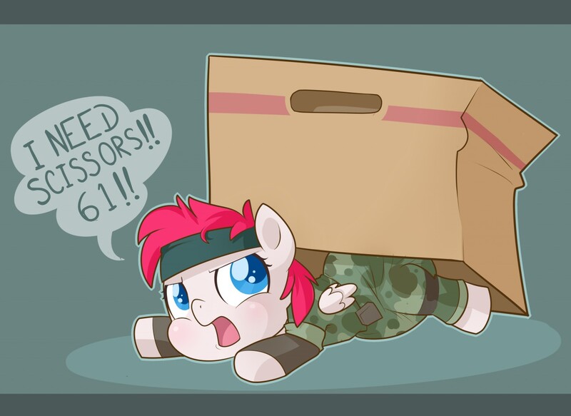 Size: 1280x933 | Tagged: artist:cuddlehooves, cardboard box, derpibooru import, diaper, foal, i need scissors, konami, metal gear, metal gear solid, oc, oc:tristen, safe, unofficial characters only