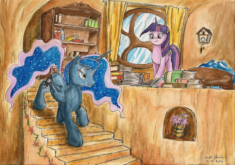 Size: 2321x1631 | Tagged: artist:souleatersaku90, derpibooru import, fanfic art, golden oaks library, missing accessory, princess luna, safe, the simple life, traditional art, twilight sparkle, watercolor painting