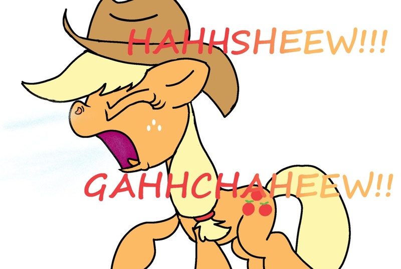 Size: 1092x732 | Tagged: applejack, artist:daisy meadows, derpibooru import, safe, sneeze spray, sneezing, sneezing fetish, solo