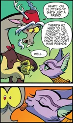 Size: 534x896 | Tagged: safe, derpibooru import, idw, baast, discord, fluttershy, cat, draconequus, spoiler:comic, spoiler:comic24, :3, :p, baastcord, behaving like a cat, cheek fluff, colored sclera, comic, ear fluff, eyes closed, face licking, female, fez, gradient background, hat, kiss on the cheek, kissing, licking, lidded eyes, looking away, male, nervous, official comic, shipping, silly, smiling, speech bubble, straight, tongue out, wide eyes