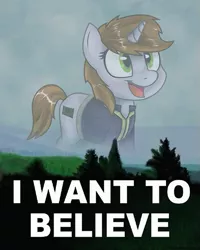 Size: 417x521 | Tagged: safe, artist:teschke, derpibooru import, oc, oc:littlepip, unofficial characters only, pony, unicorn, fallout equestria, fanfic, clothes, cute, fanfic art, female, i want to believe, mare, meme, solo, the x files, vault suit, x-files