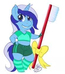 Size: 1280x1456 | Tagged: anthro, artist:collaredginger, chubby, clothes, derpibooru import, minuette, safe, socks, solo, striped socks, toothbrush