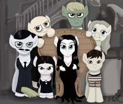 Size: 1024x863 | Tagged: artist:qemma, blossom rock, carolyn jones, derpibooru import, gomez addams, grandmama, jackie coogan, john astin, ken weatherwax, lisa loring, lurch, morticia addams, ponified, pugsley addams, safe, ted cassidy, the addams family, thing addams, uncle fester, wednesday addams